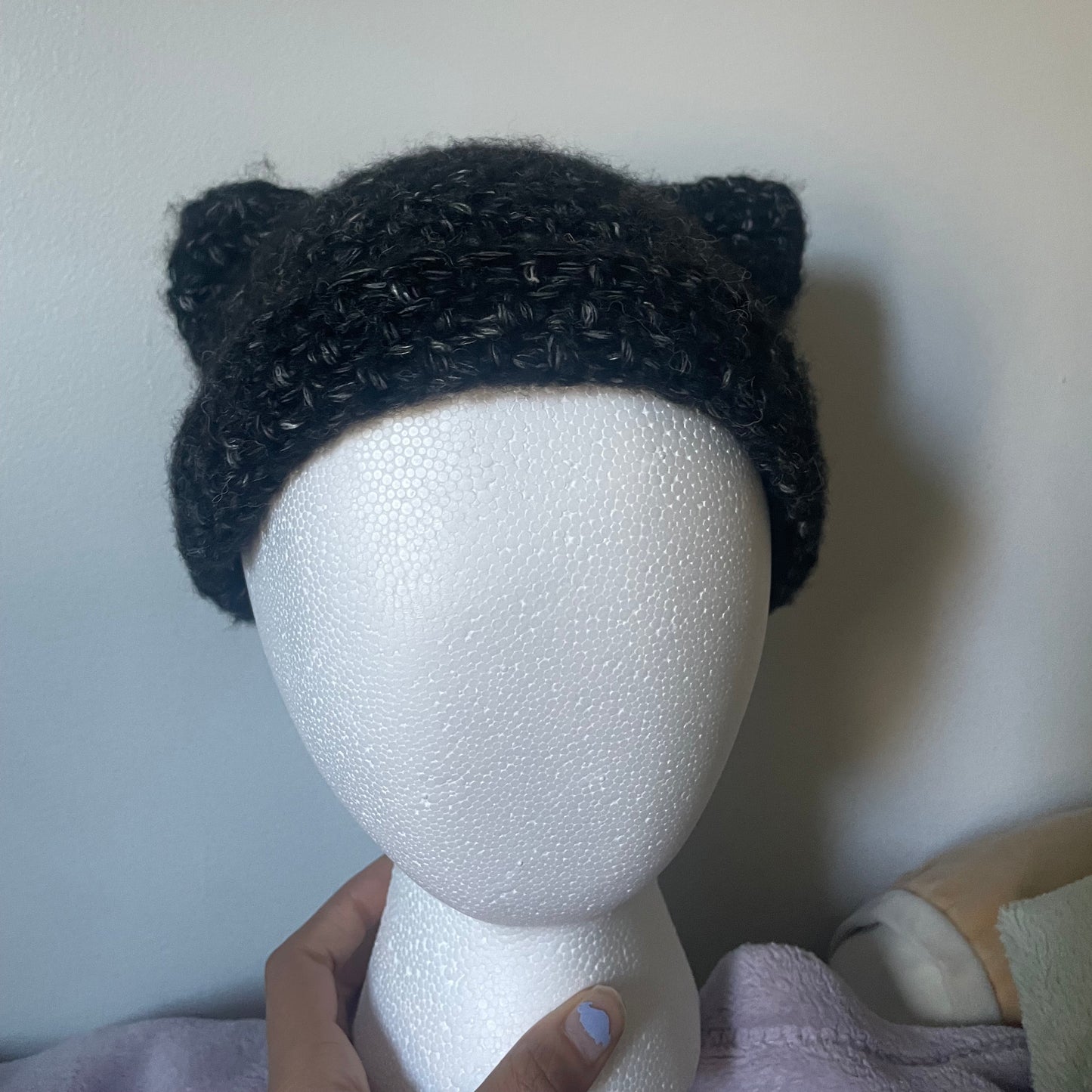 Black Tweed Cat Ear Beanie