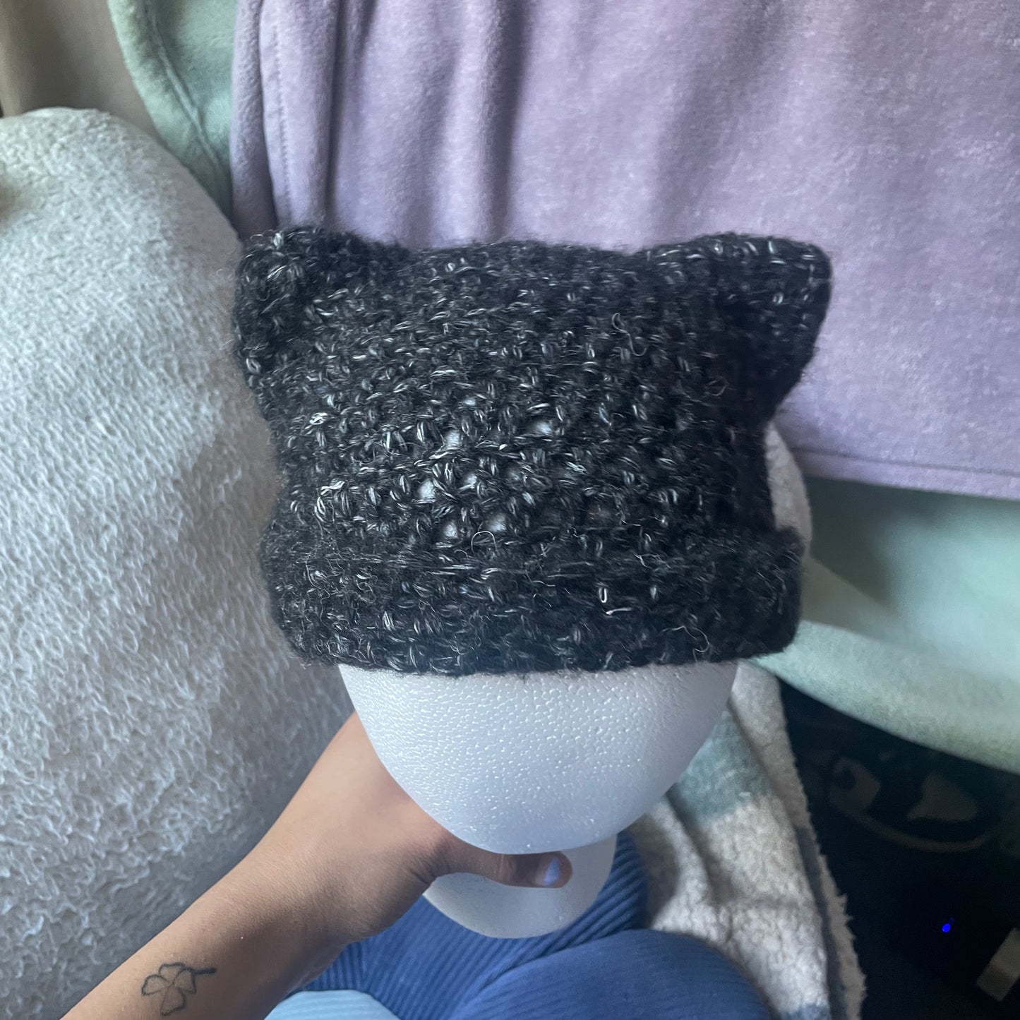 Black Tweed Cat Ear Beanie