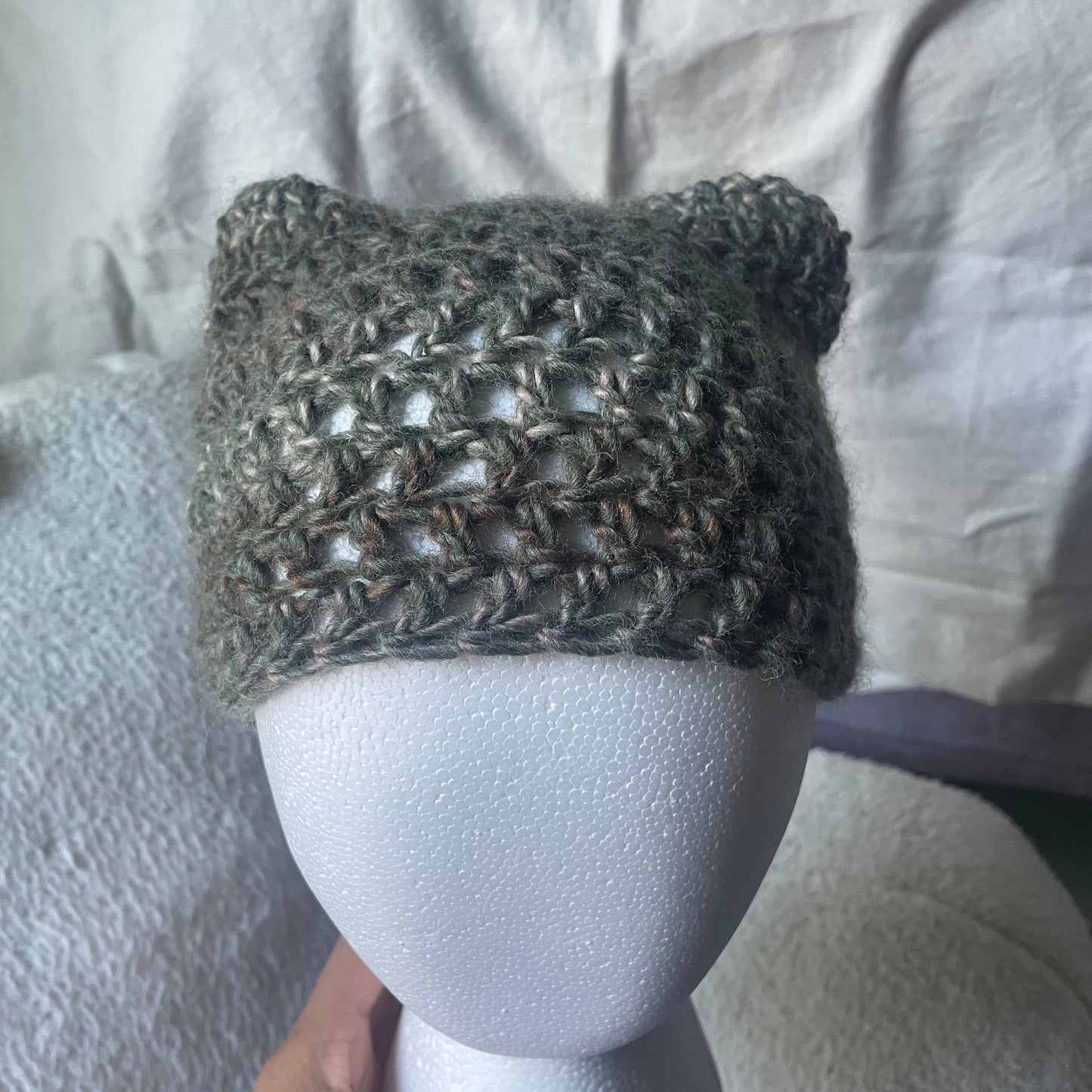 Green Tweed Cat Ear Beanie